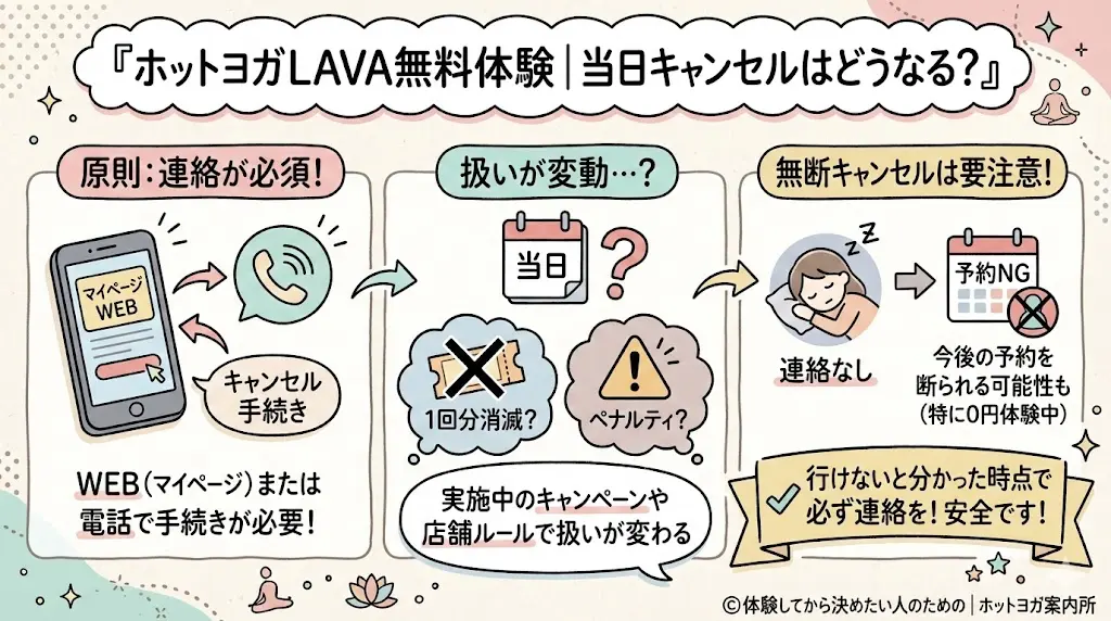 ホットヨガLAVA体験のキャンセル方法できる？当日キャンセル方法・ペナルティを体験者目線で解説！当日キャンセル（2時間以内）