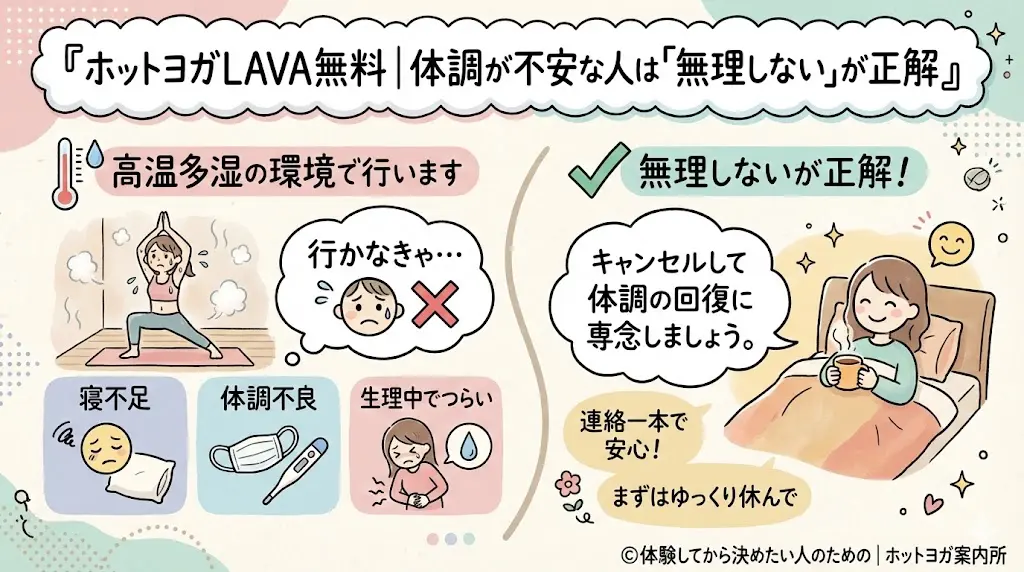 ホットヨガLAVA体験のキャンセル方法できる？当日キャンセル方法・ペナルティを体験者目線で解説！ホットヨガLAVA無料｜体調が不安な人は「無理しない」が正解